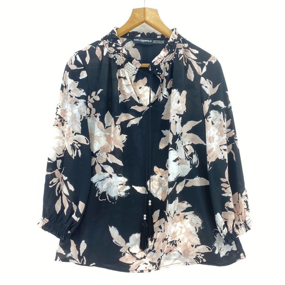 KARL LAGERFIELD Black And Pink Floral Print Pearls 3/4 Sleeve Shirt